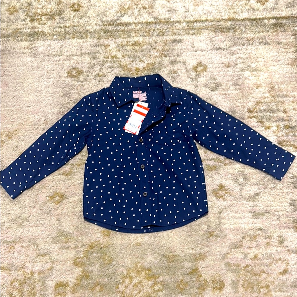 NWT Cat & Jack Toddler Boy Navy Polka Dot Button Down Shirt 4T